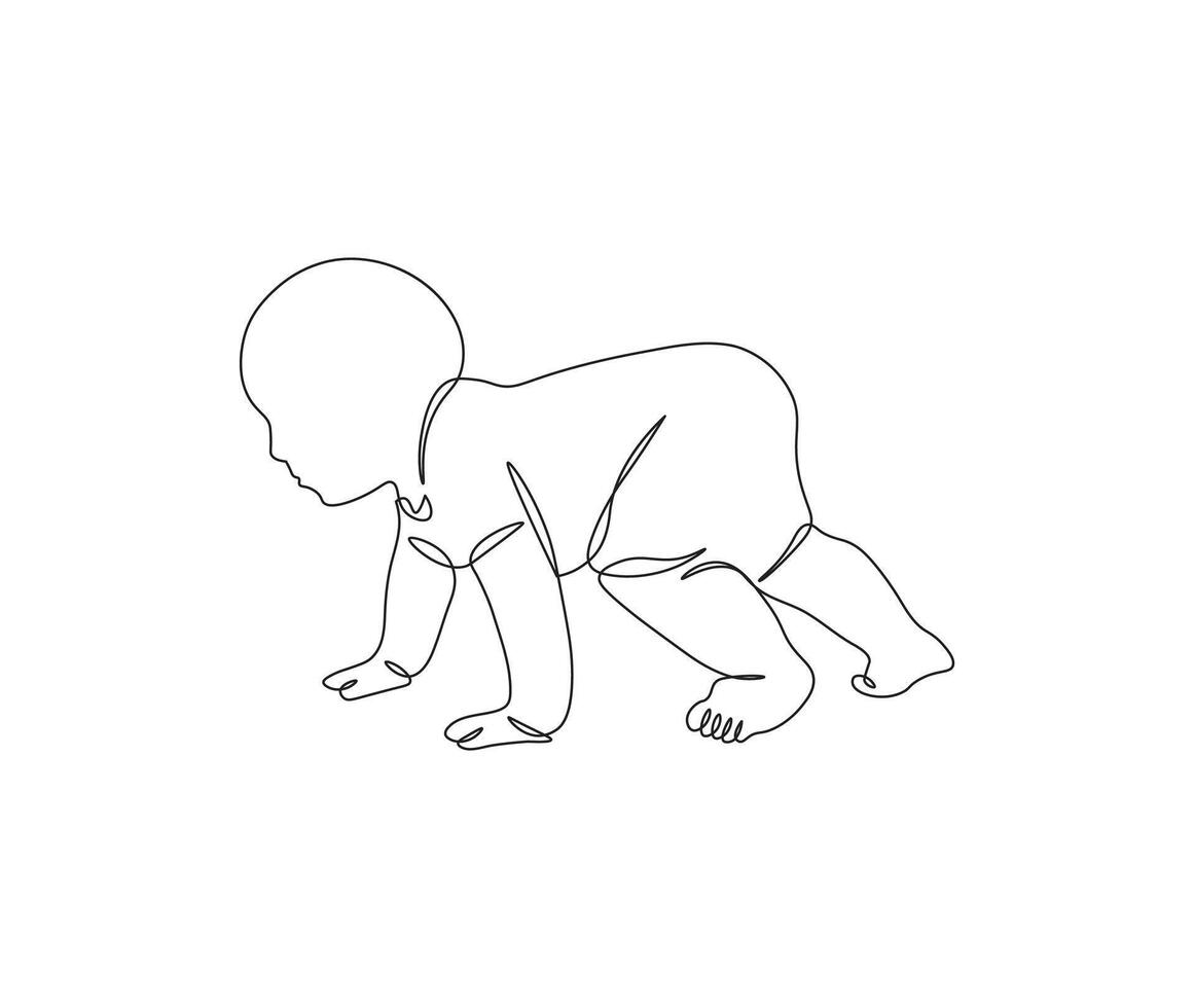 Baby crawling in continuous line drawing style. Sketch of cute and adorable baby in minimalist black linear isolated on white background.. vector