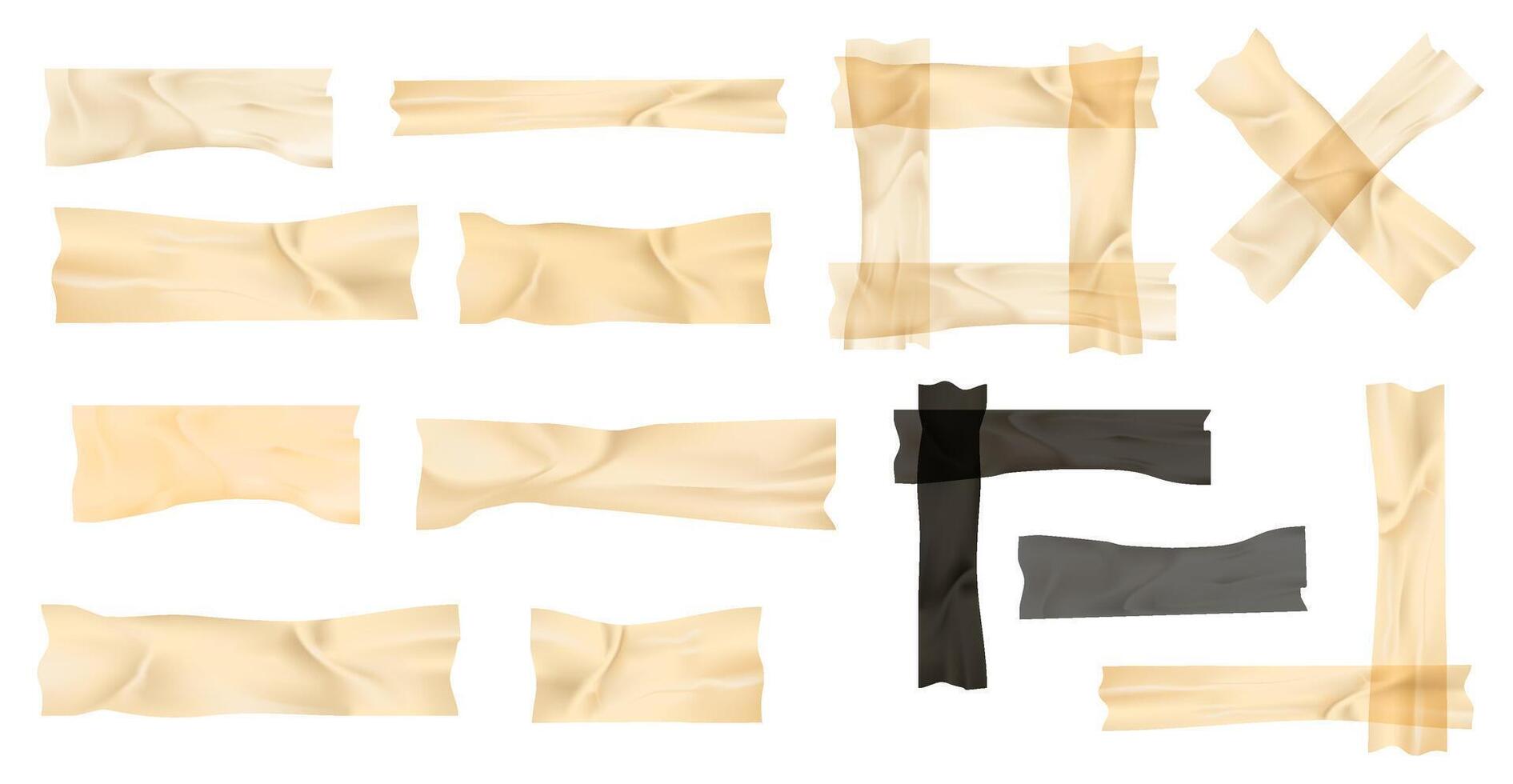 Set of realistic masking and duct tape pieces in beige, black, and transparent tones with torn and wrinkled textures, digital scrapbooking, presentations, note collages, . illustration vector