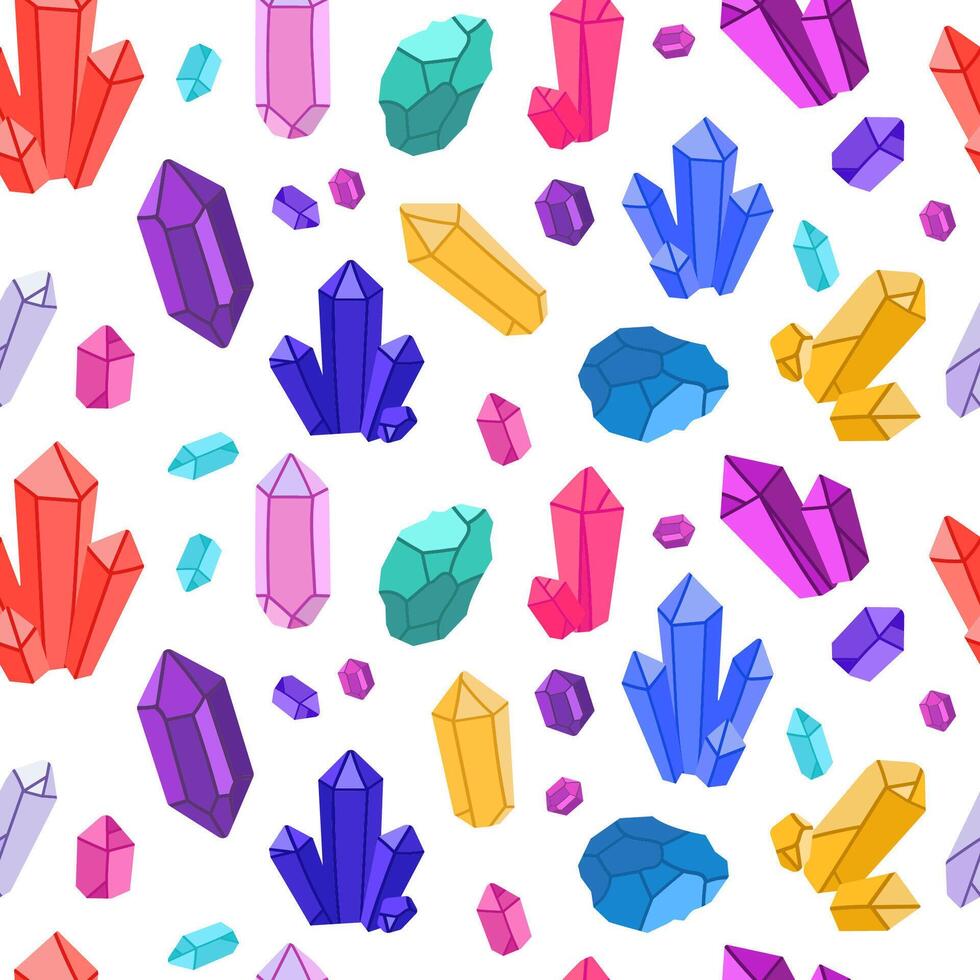 Seamless pattern of colorful cartoon crystals and gemstones in red blue purple yellow and green on white background, ideal for fabric prints, game assets, stationery, and digital wallpapers vector