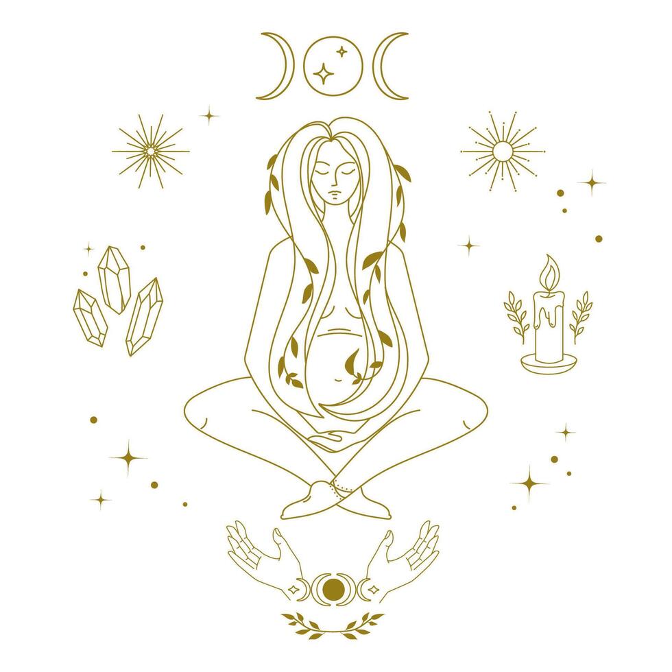 Meditating pregnant woman surrounded by crystals, candle, stars, and moon phases Minimalist spiritual illustration representing divine feminine energy ideal for wellness , prints, posters. vector