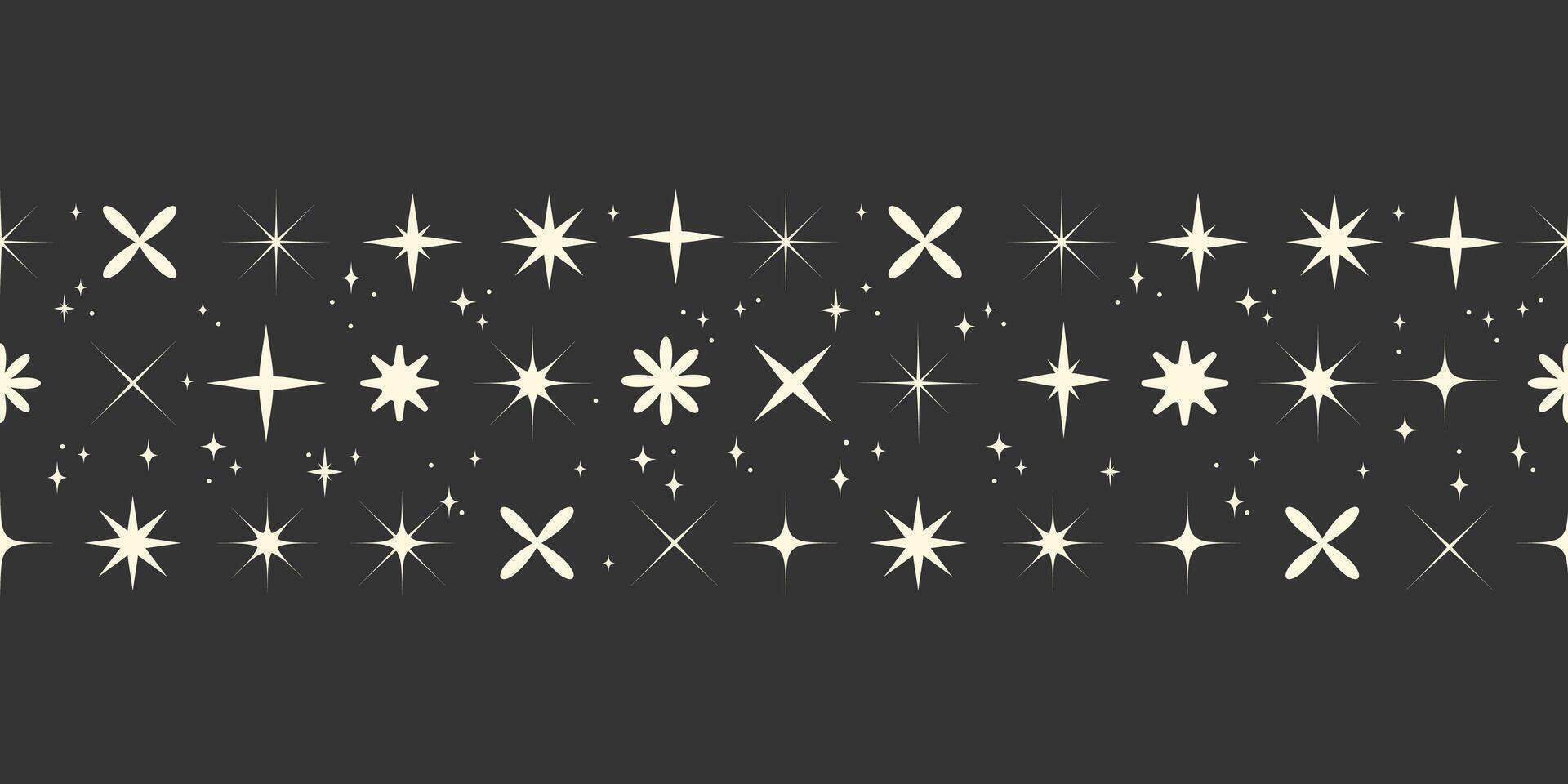 Seamless horizontal border pattern of retro starbursts, sparkles, and twinkles, perfect for digital frames, invitations, product packaging, website dividers, and vintage design. illustration vector
