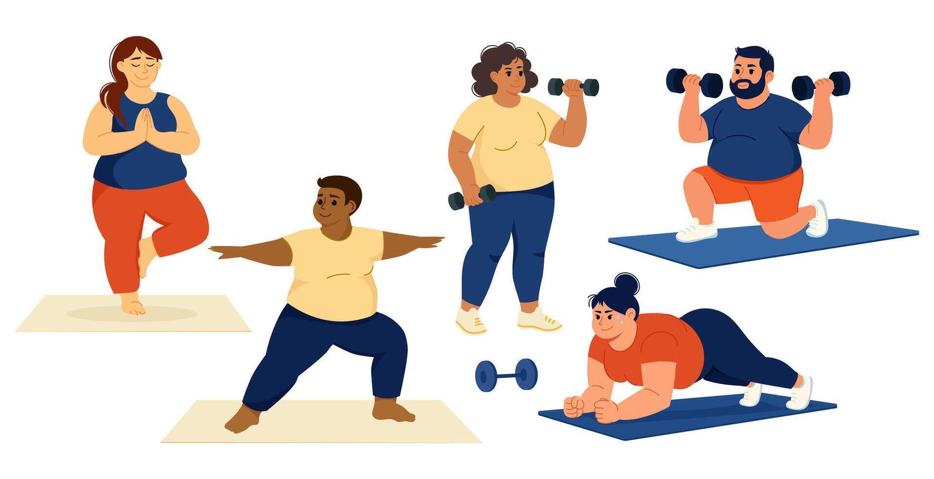 Diverse group of plus size men and women exercising with dumbbells and yoga mats in different workout poses promoting body positivity and fitness.Healthy lifestyle,self care concept. design vector