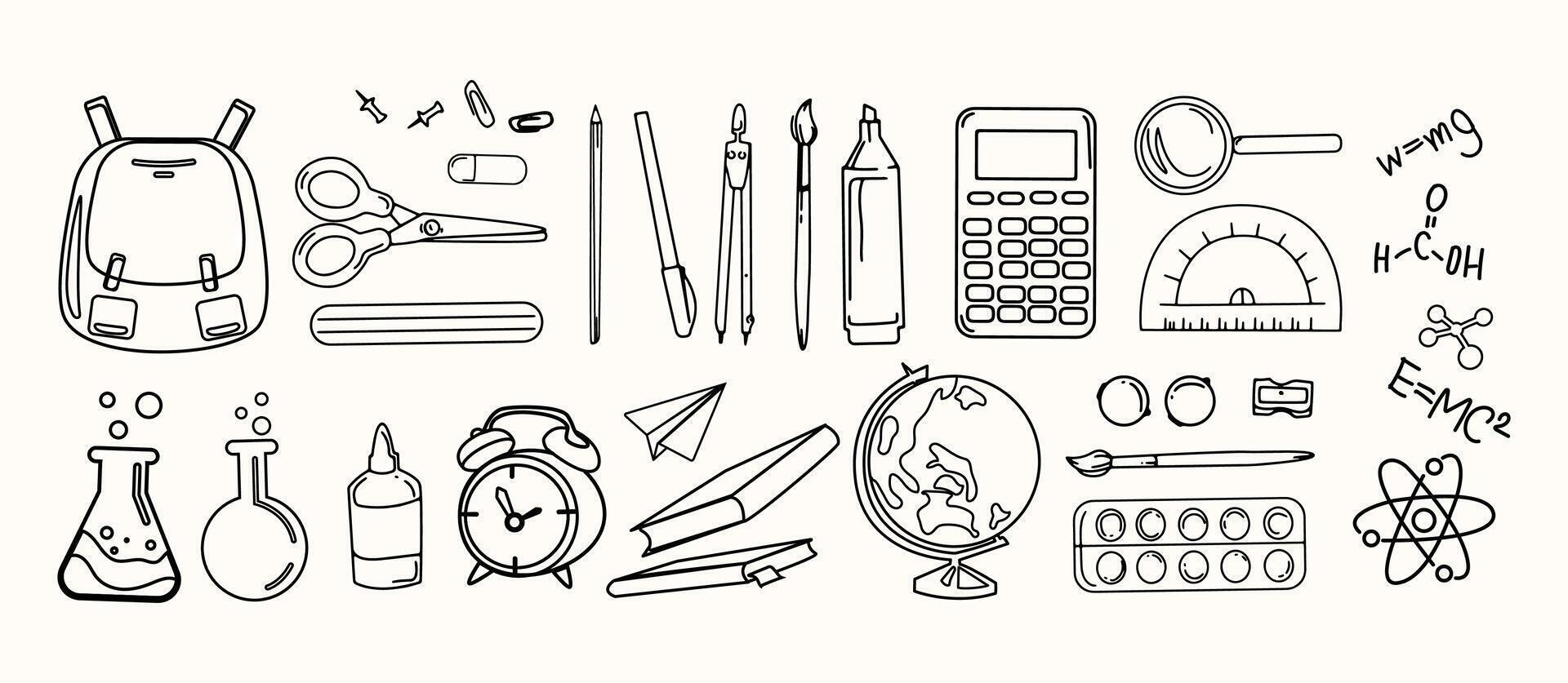 Line art School and science icons set including stationery, backpack, calculator, globe, lab tools, and formulas suitable for educational materials, websites, posters, and classroom decor. vector