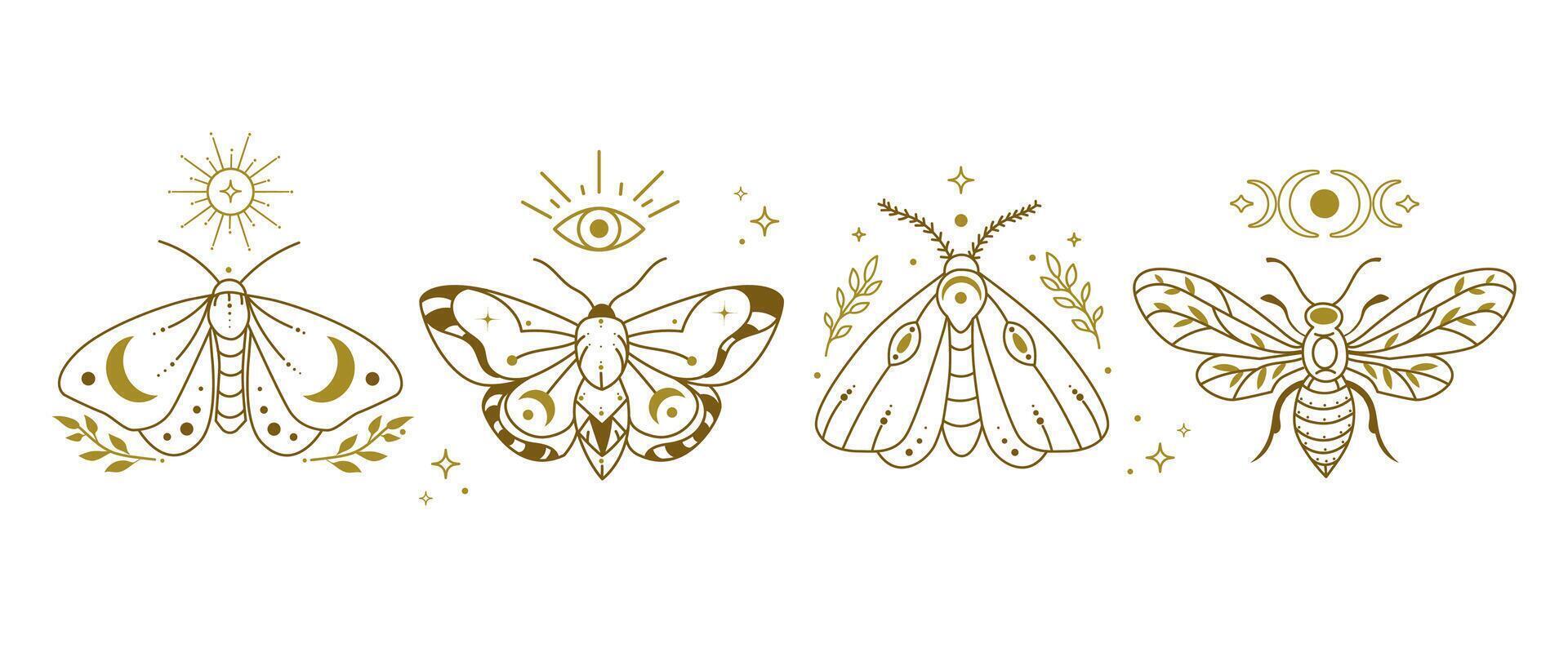 Boho Insect Mystical Moth and Butterfly Line Art Illustrations set with Celestial Symbols. Logo, print, tattoos, branding, packaging,icons, posters, stickers, spiritual design illustration vector