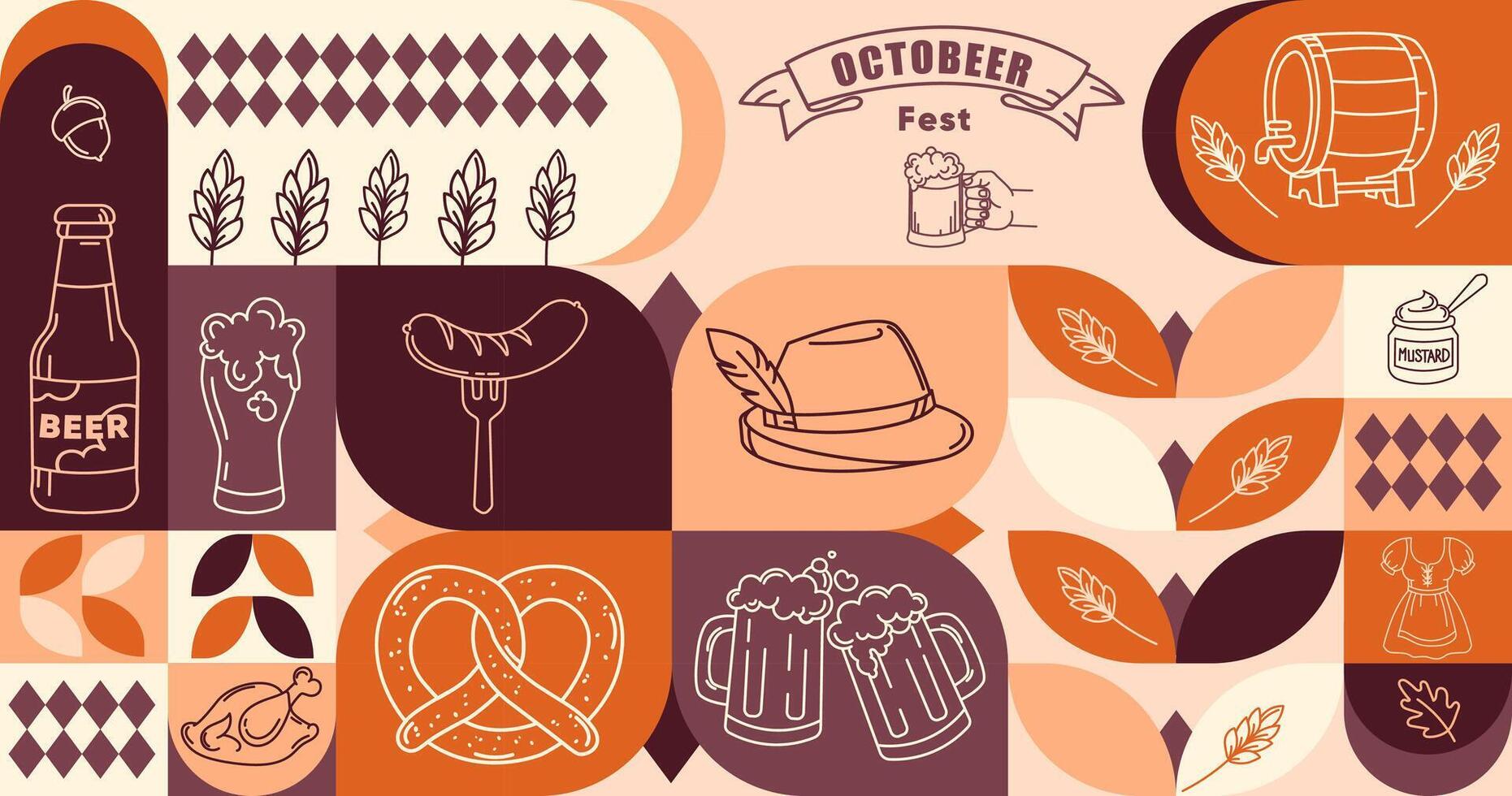 Oktober fest geometric banner Background with Drinks and Food elements.Retro style Oktoberfest pattern with beer mugs, pretzel, sausage, hat, mustard, German icons. Beer Festival Illustration vector