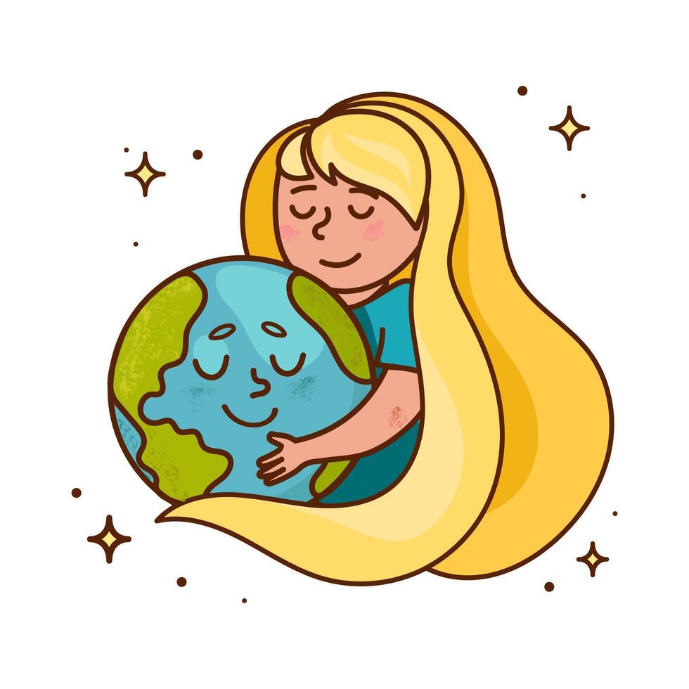 Cute Girl Hugging Earth Illustration for Environment and Love.Child girl with long hair hugging a smiling Earth, symbolizing love for the planet.Earth Day,environmental campaigns, eco friendly concept vector