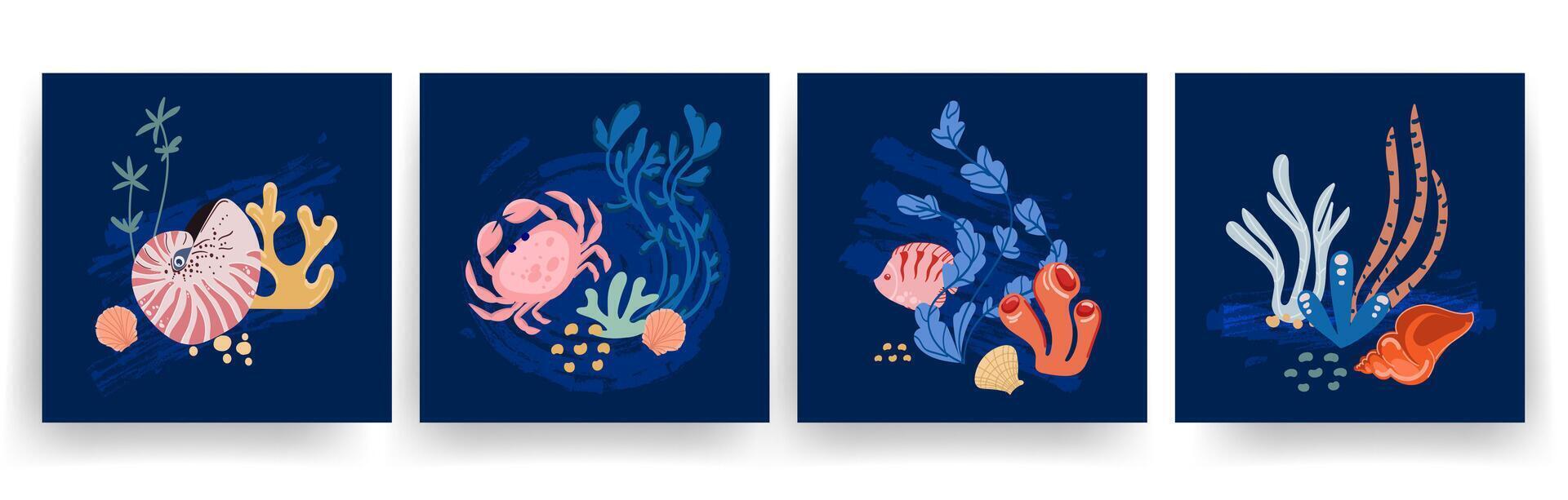 Colorful Underwater Sea Life Illustrations set. Decorative Marine illustrations featuring coral, fish, crabs, seaweed, and shells on dark blue background in flat design vector