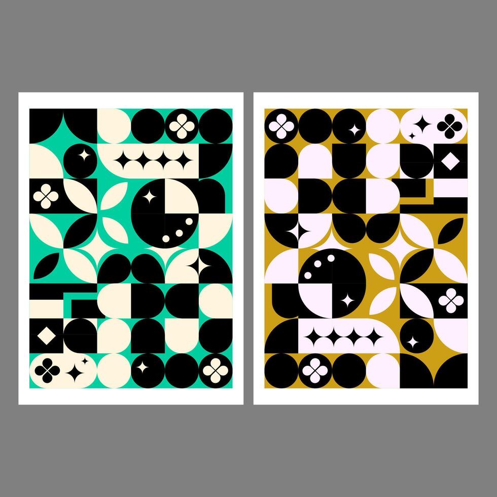 Modern geometric abstract posters with minimalist shapes in bold teal, black, gold, and cream tones,ideal for home decor, interior design projects, wall art, graphic design, and print templates. vector