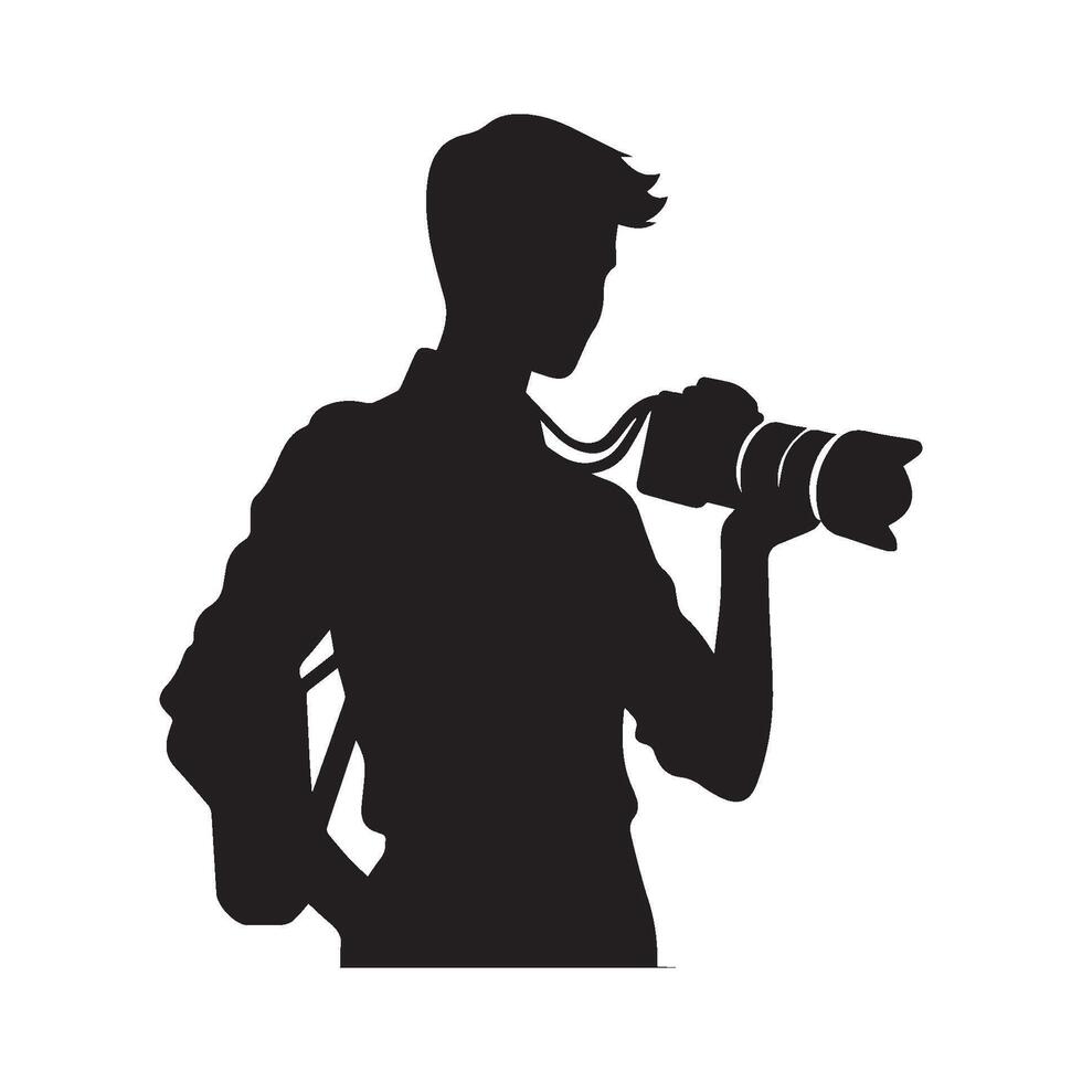 Young man holding camera silhouette . Photographer icon vector