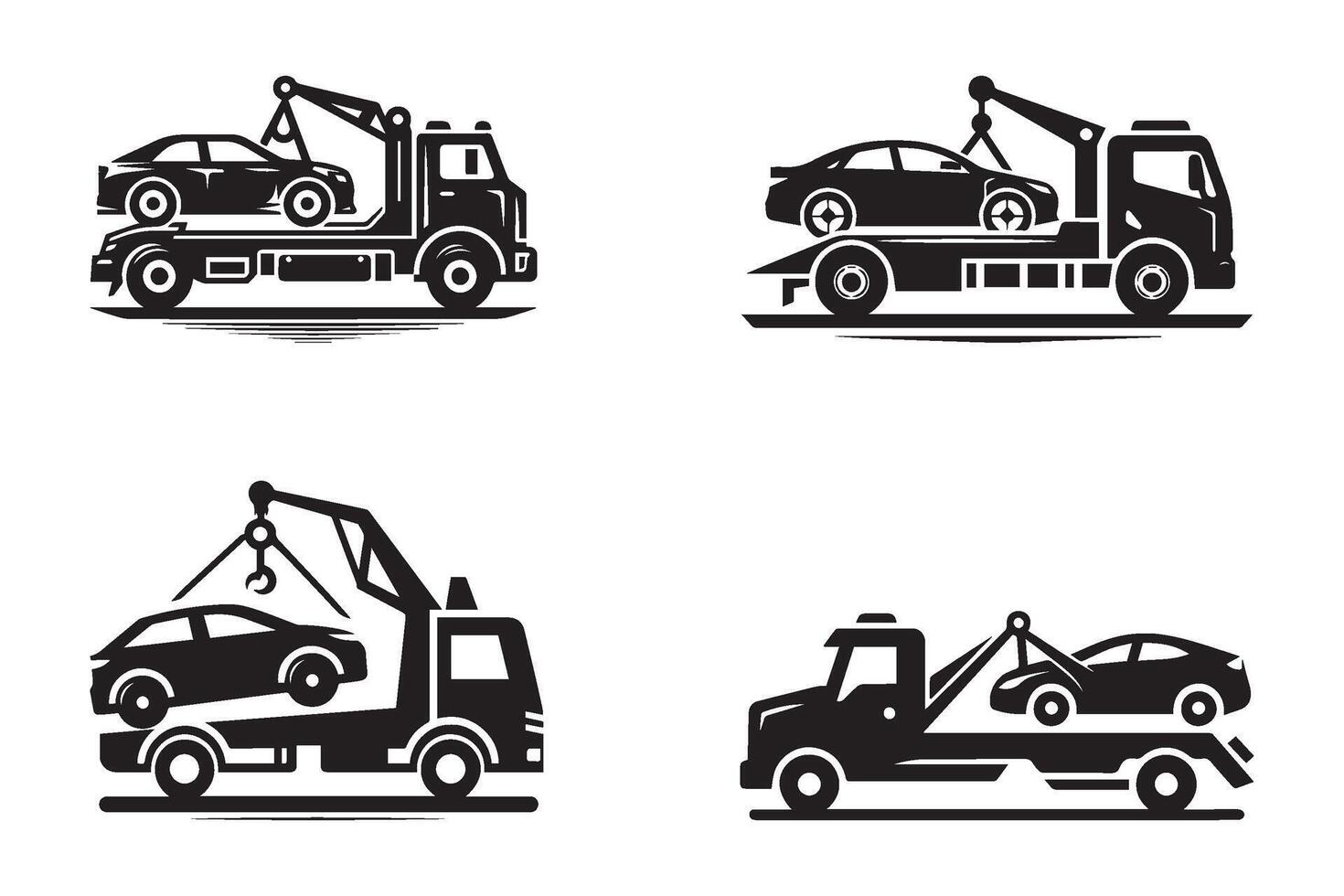Set of tow truck pulls a car silhouette on white background. vector