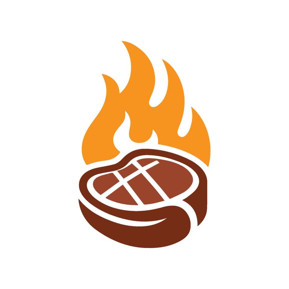 Steak with fire logo on white background. Barbecue restaurant icon vector