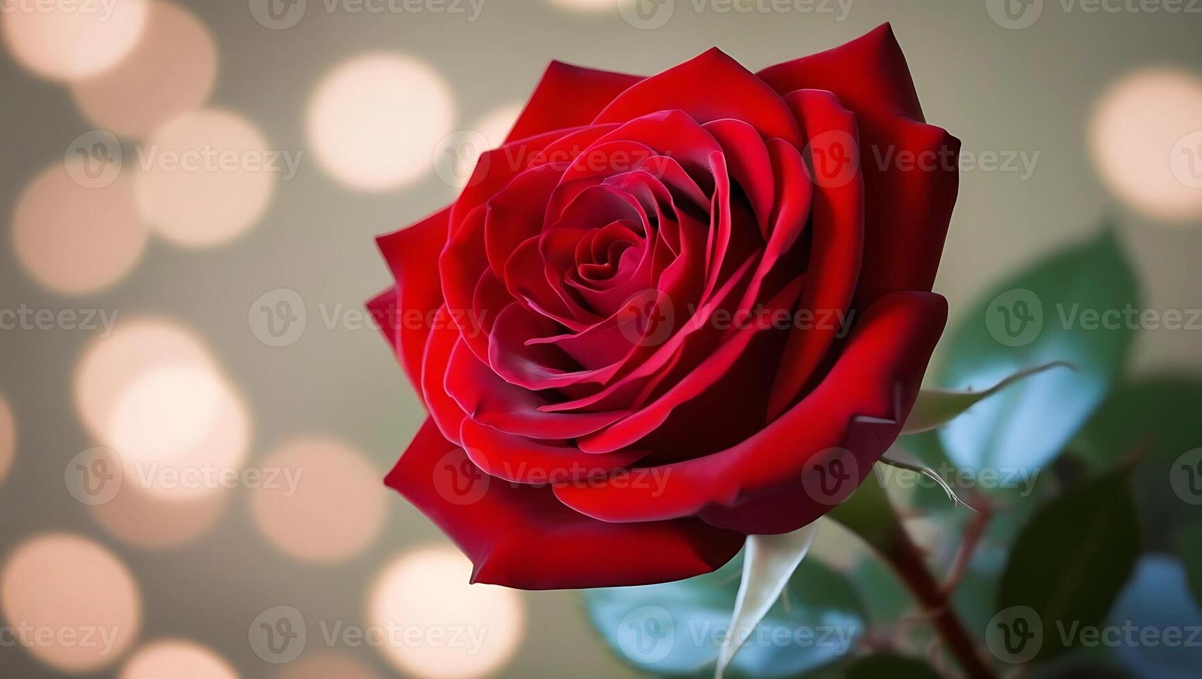 A red rose is shown in front of a blurred background photo