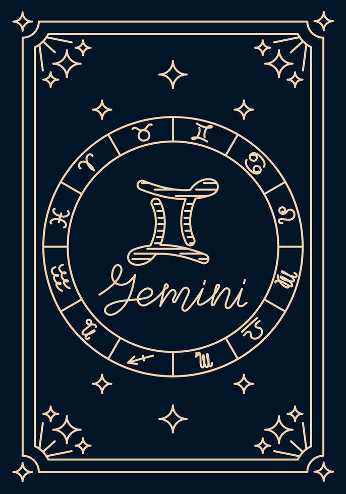 Hand drawn zodiac card with Gemini symbol, constellations and horoscope circle. Concept of astrology, celestial mysticism and zodiac personality in elegant linear style vector