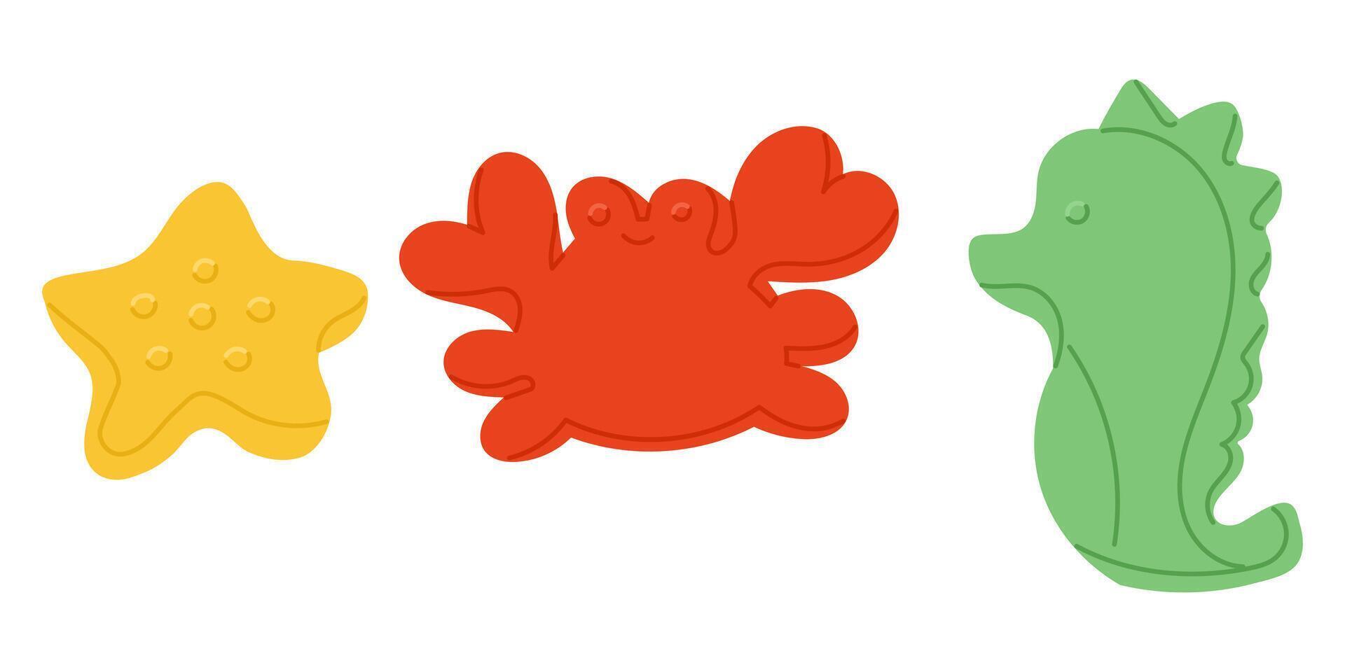 Hand drawn of kids beach toys shaped like starfish, crab and seahorse in bright colors. Concept of summer vacation, outdoor play and seaside fun for children in playful design vector
