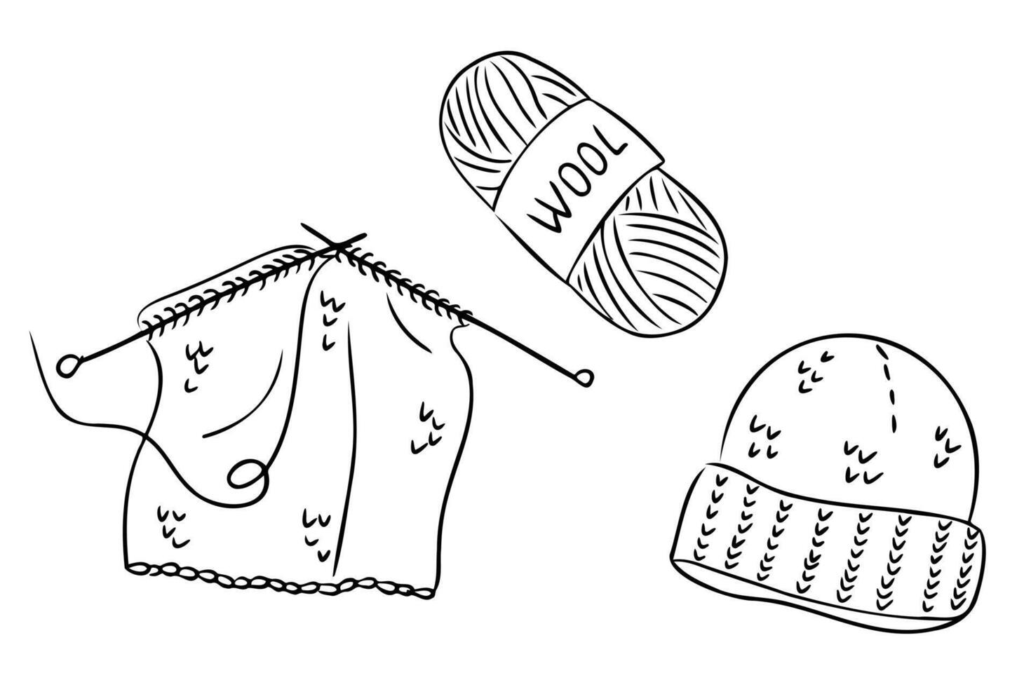 Hand drawn knitting set with wool yarn ball, needles, knitted fabric and winter hat. Concept of handmade crafts, cozy hobbies and warm clothing in minimalist sketch style vector