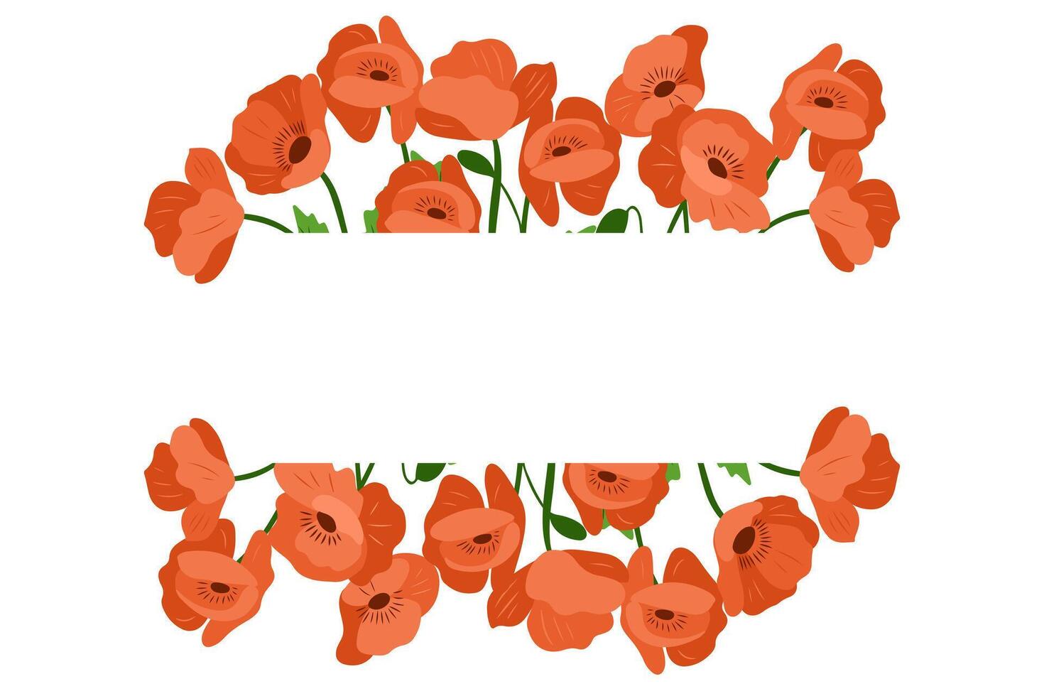 Red poppy flower frame with central blank space for text or message on a white background. Elegant floral border design ideal for invitations, greeting cards, or seasonal decoration vector