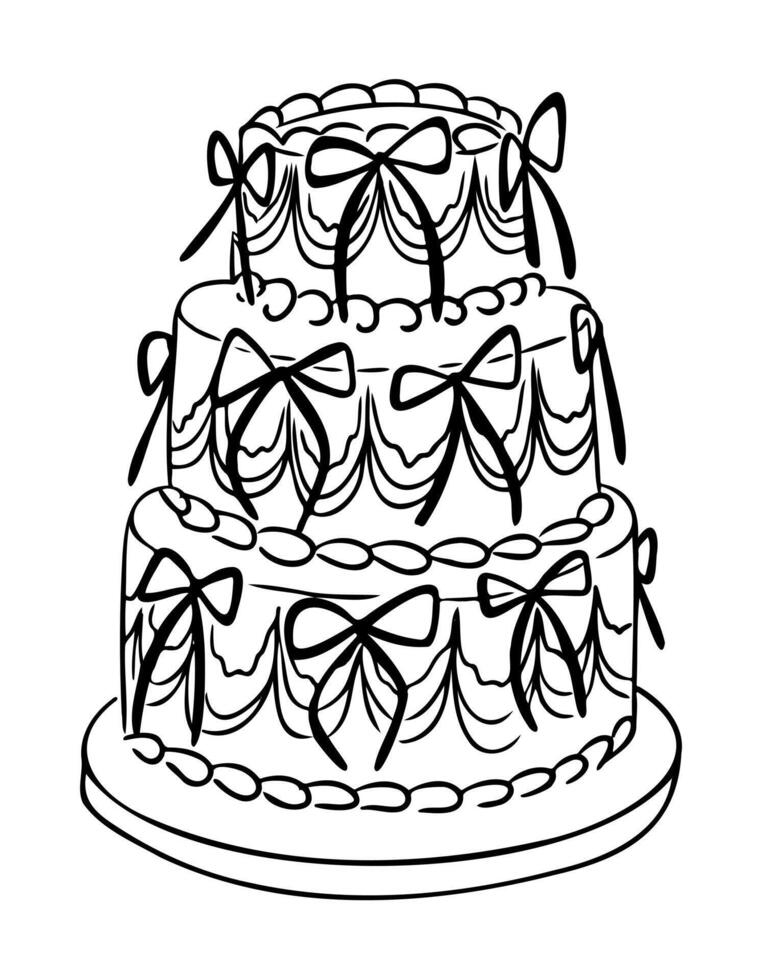 Illustration of three-tier wedding cake decorated with bows and frosting details in black outline. Concept of celebration, marriage and festive dessert centerpiece vector