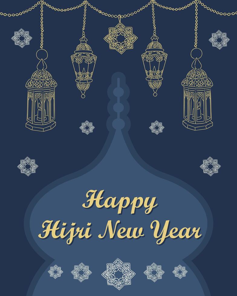 Hand drawn banner with Islamic lanterns, ornaments and Happy Hijri New Year greeting. Concept of Islamic celebration, lunar new year and cultural tradition in elegant festive style vector