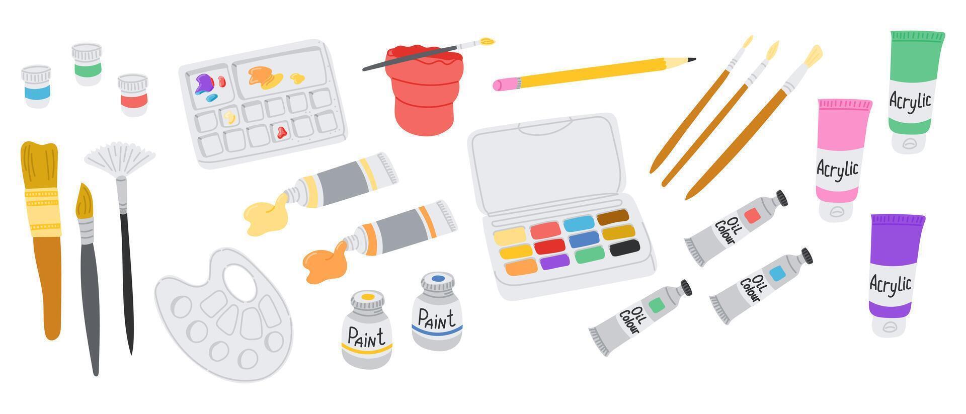 Colorful hand drawn art supplies including brushes, palettes, paint tubes and watercolor sets on white background. Concept of artistic creativity, painting tools and hobby essentials vector