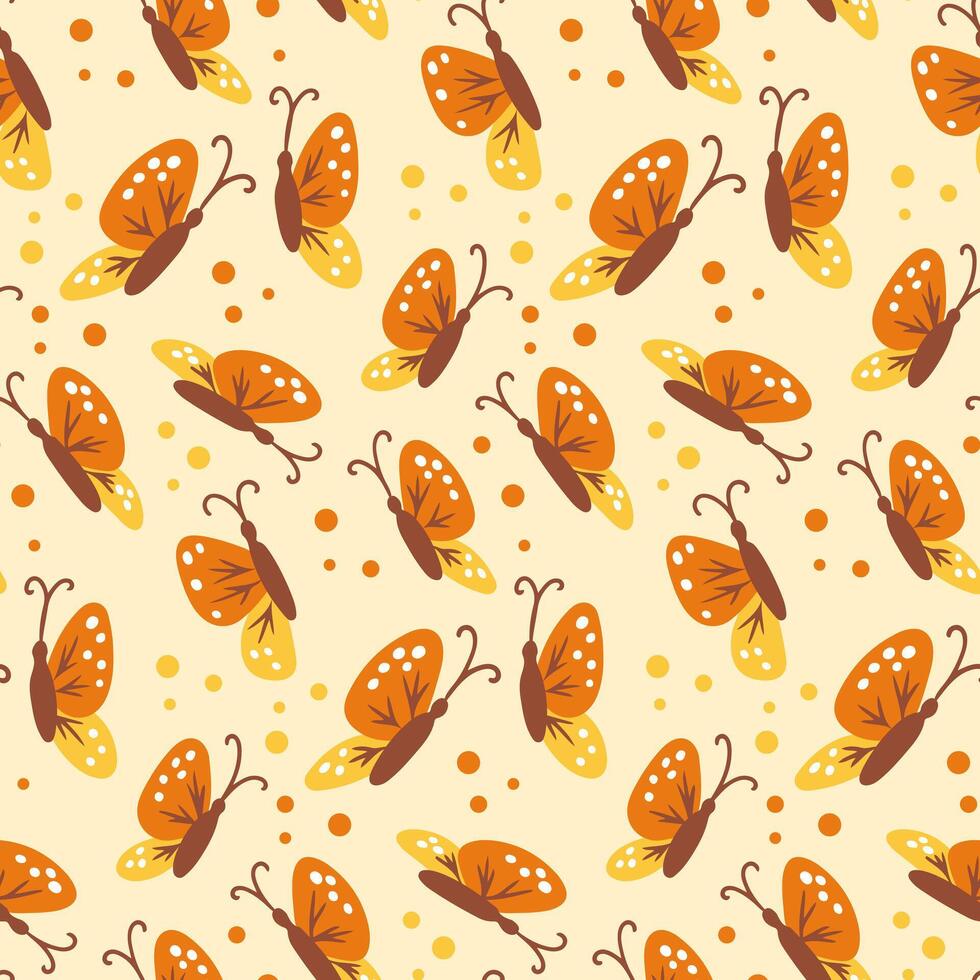 Seamless pattern with orange and yellow butterflies and scattered dots on a light background. Concept of spring beauty, gentle nature and whimsical insect design vector