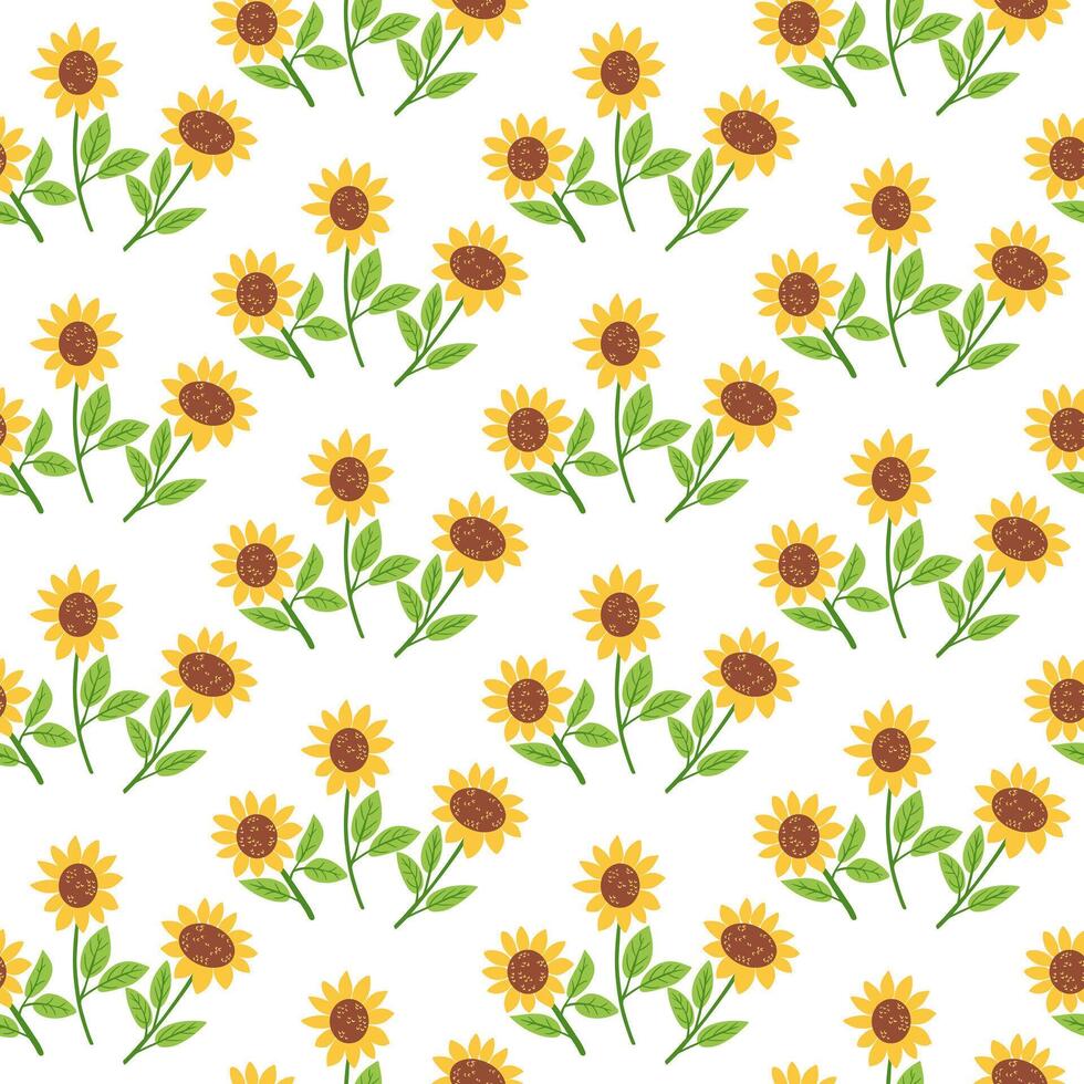 Seamless pattern with hand drawn sunflowers and green leaves on white background. Concept of summer, nature and floral decoration in cheerful and bright style vector