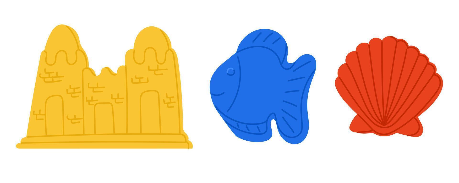 Hand drawn beach toys set including sandcastle mold, fish and seashell shapes in bright colors. Concept of summer playtime, seaside fun and childhood imagination vector