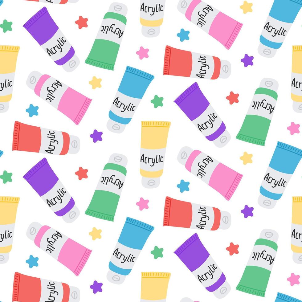 Seamless pattern with colorful acrylic paint tubes and stars scattered on white background. Concept of creativity, artistic supplies and painting hobby in playful decorative style vector