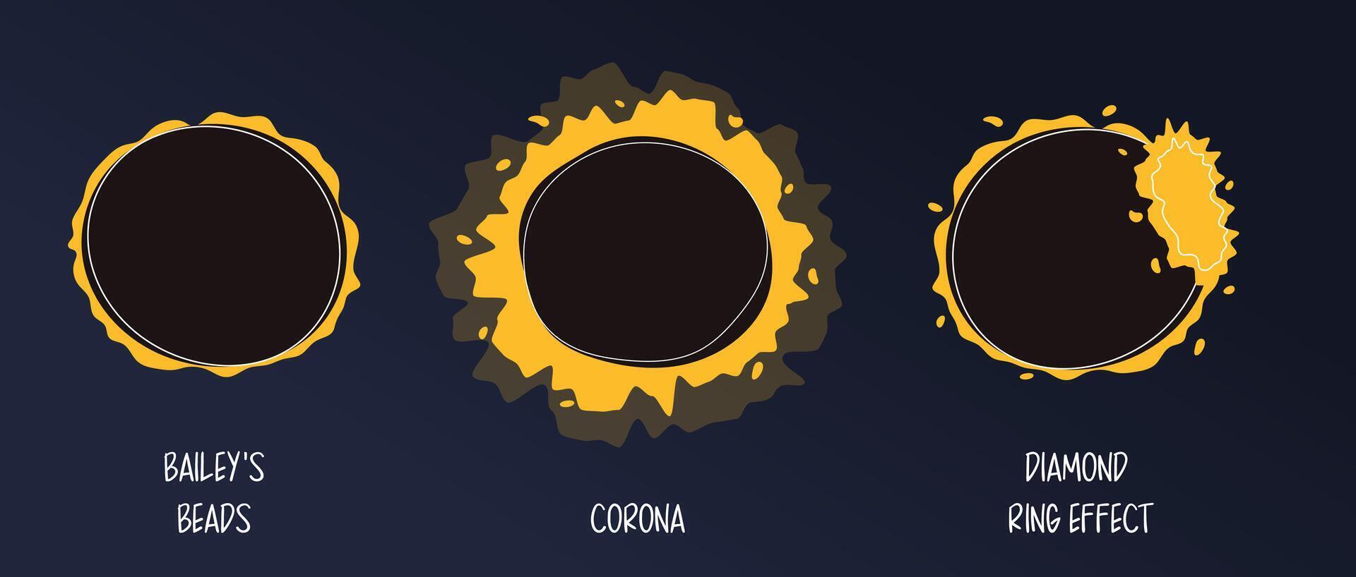 Bailey Beads, Diamond Ring Effect, Corona flat style solar eclipse phenomena. Infographics, phases and diagram of the position of the sun and moon during an eclipse-solar eclipse. vector