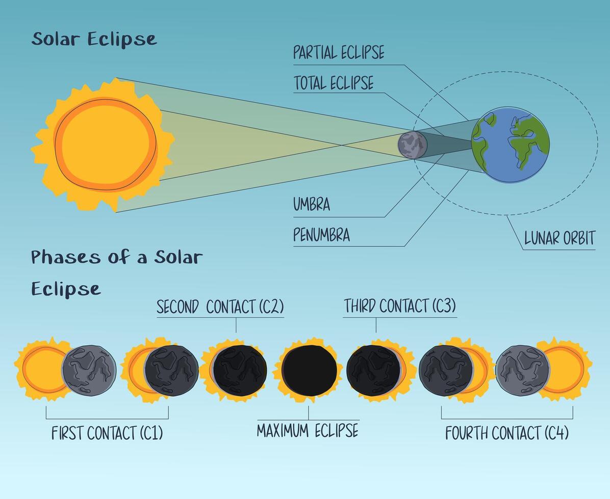 solar eclipse infographic. Stages of contact of the earth's satellite with the sun. Scheme of the direction of the sun's rays of light through the moon. Phases of solar eclipse light blue background vector