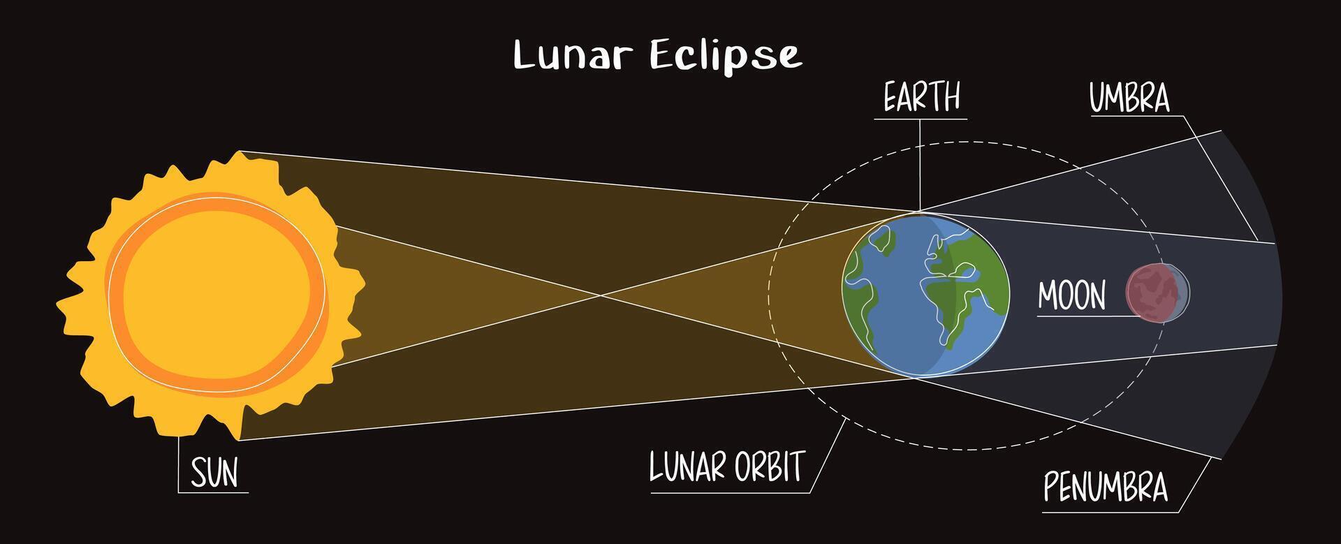 Lunar eclipse infographic in flat style on dark background. Moon orbit, umber and penumbra. Earth passes between the Moon and the Sun. astronomical event phenomenon of the full red moon. Blood moon vector