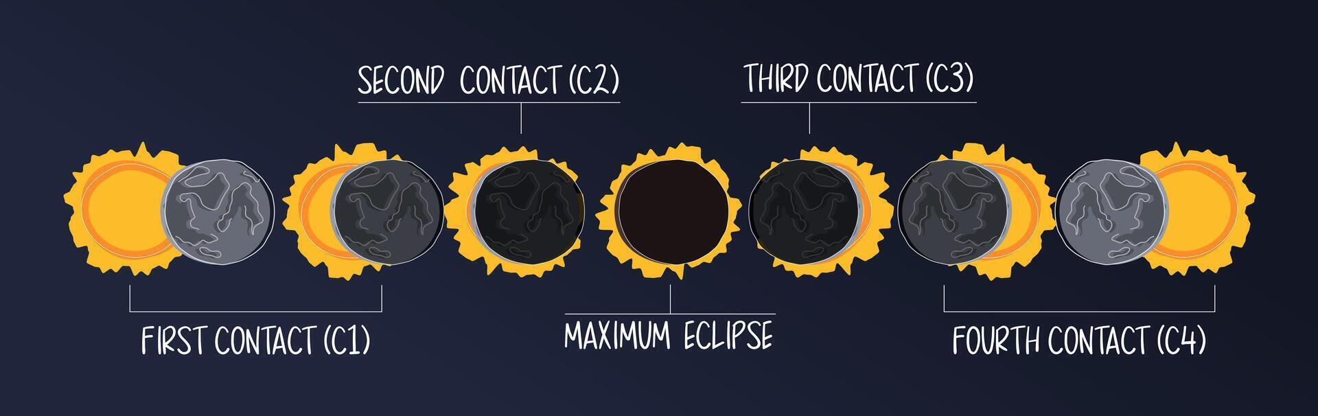 Infographic of the phases of the position of the sun and moon during a solar eclipse in flat style. Illustration of solar eclipse contact diagram vector