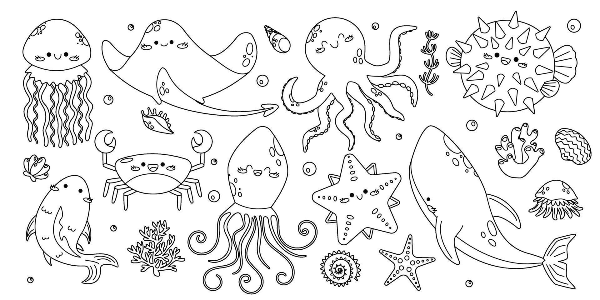 Set outlines with hand drawn sea animals, whale, squid, octopus, stingray, jellyfish, crab, fish, starfish, urchin fish, shells and seaweed. Cute underwater creatures isolated for kids coloring books vector