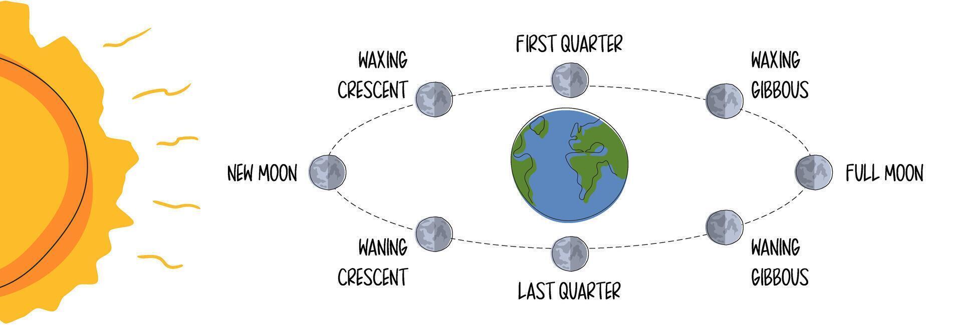 Lunar Orbit and Eclipse Stages Illustration in flat style on white background. Lunar Shadow Path Diagram. All phases of the moon on the earth orbit vector