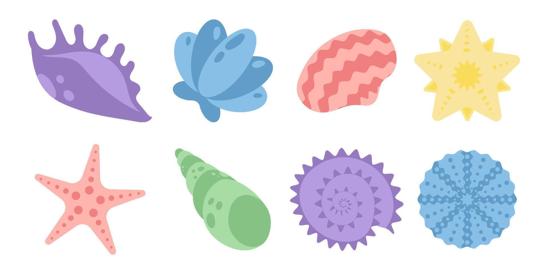 set of hand drawn marine elements, shells, starfish, sea urchins and seaweed. Cute underwater creatures isolated for summer projects, scrapbooking, stationery vector