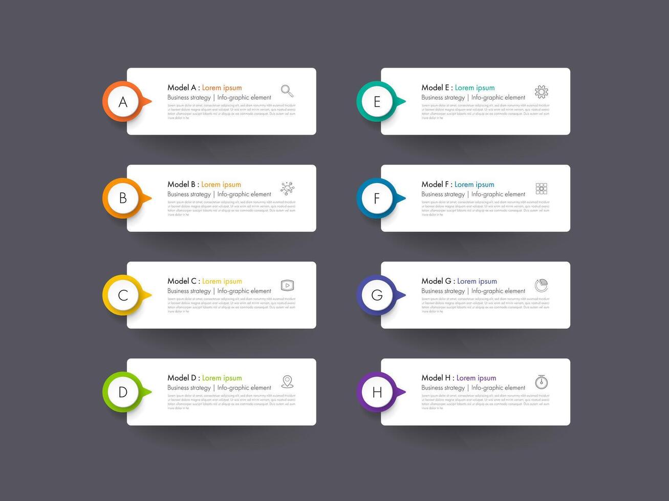 Modern infographics business design with 8 option concepts, parts, steps or processes can be used for workflow layout, diagram, number options, web design infographic element vector