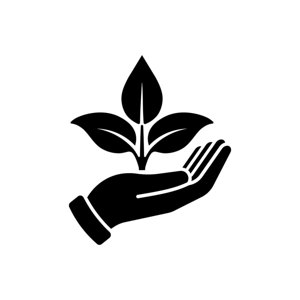 Flat Black Silhouette Ecology Icon. Hand Holding Plant Leaf Symbol vector