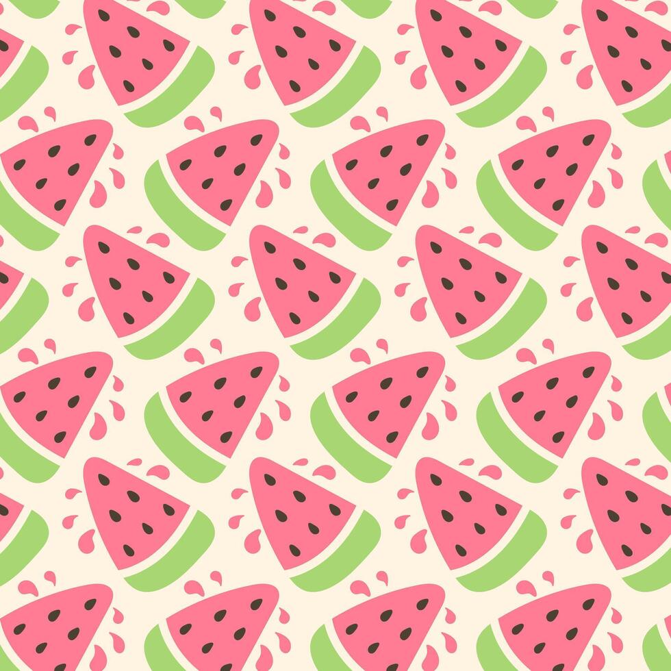 Seamless pattern with cute watermelon slices and seeds in bright colors. Playful summer fruit background for fabric, packaging, stationery, and seasonal design projects. vector