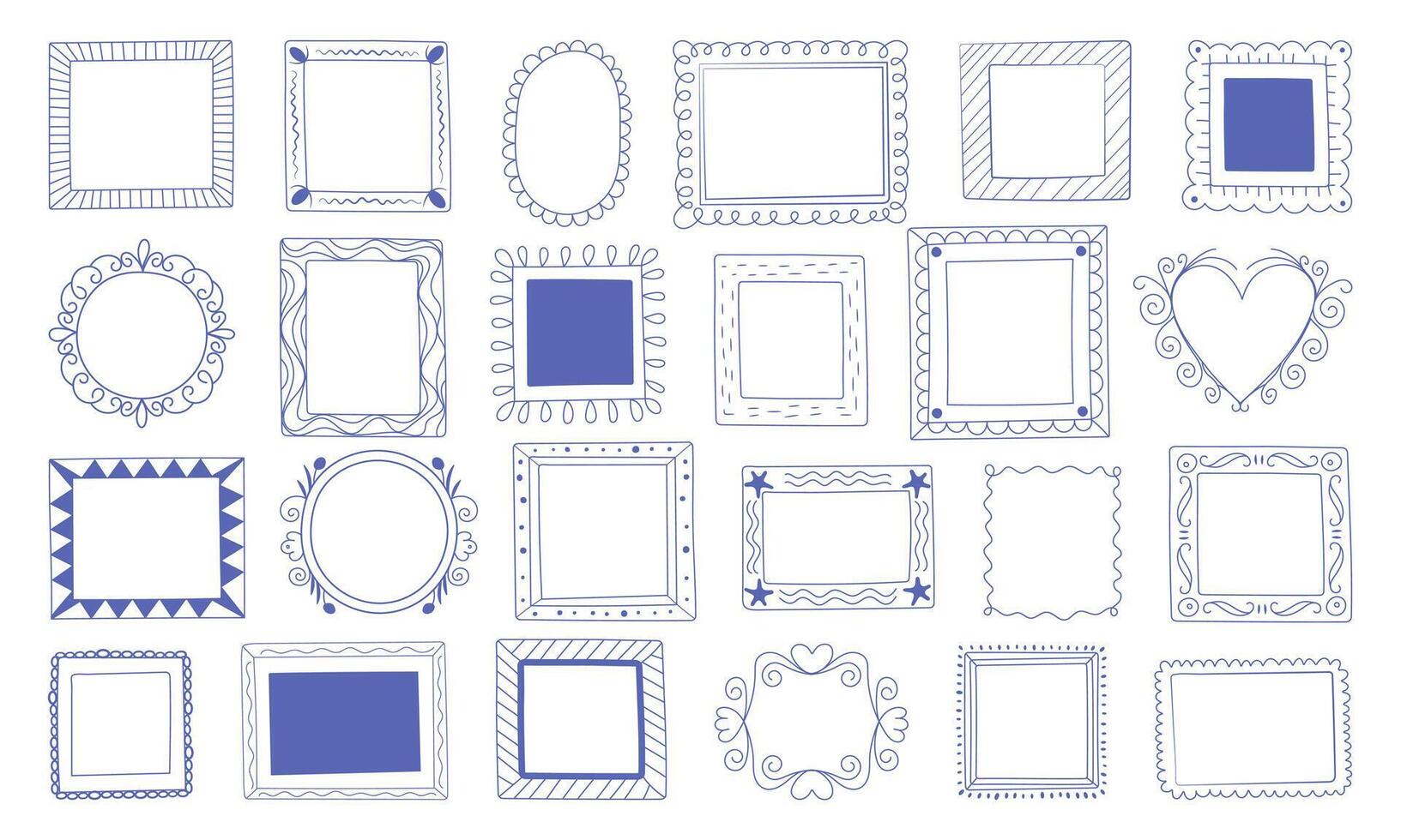 Collection of hand drawn decorative frames in blue color. Doodle sketch borders in various shapes and styles for design, template, scrapbook, packaging, or greeting card. vector