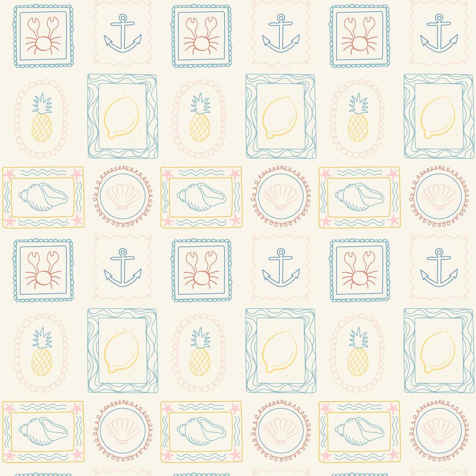 Seamless pattern with hand drawn summer elements like lemon, shell, crab, anchor, and pineapple in decorative frames. Nautical and tropical doodle design for fabric, wrapping, and wallpaper. vector
