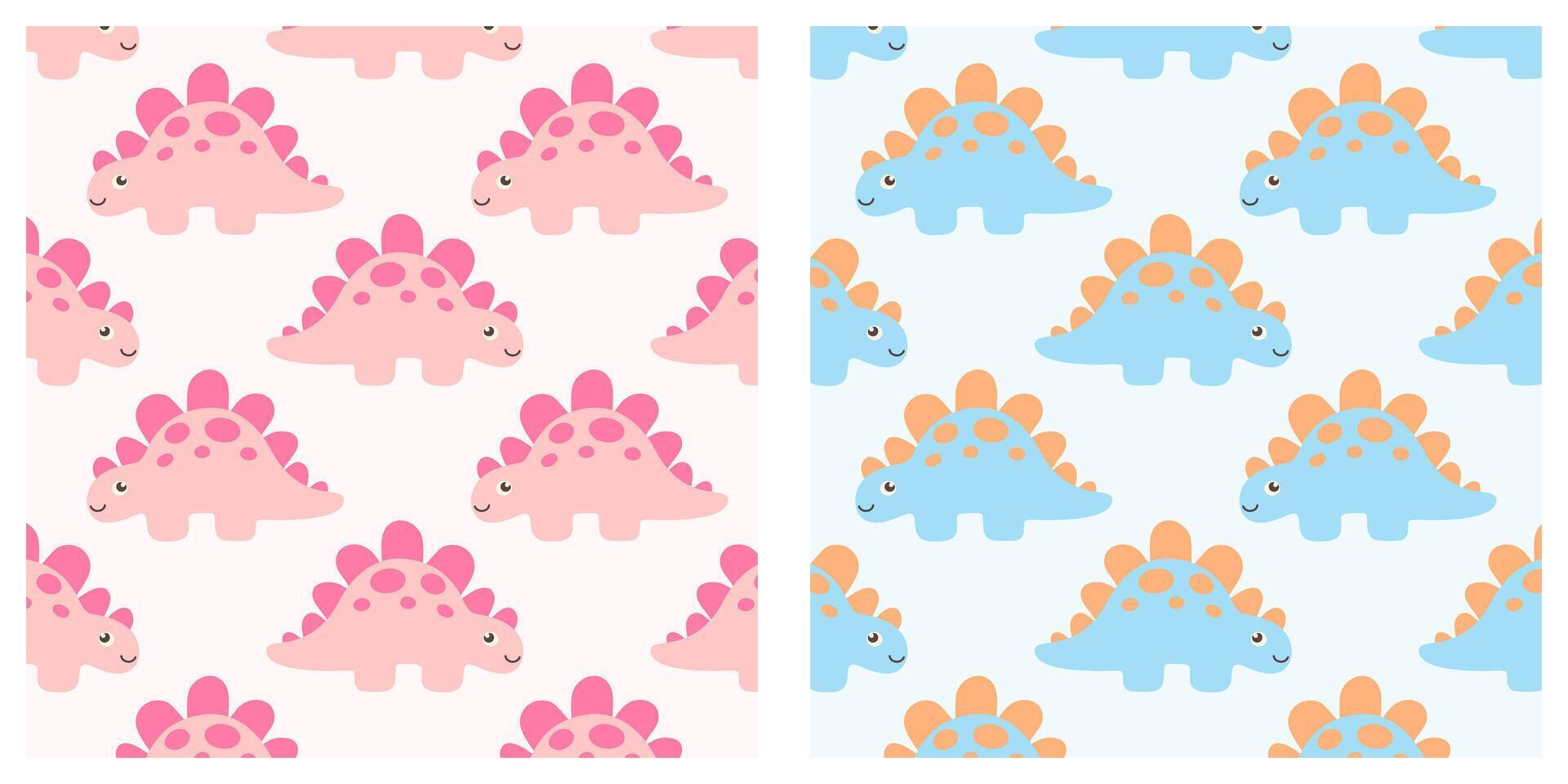 Seamless pattern set with cute cartoon dinosaurs in pink and blue color schemes. Perfect for baby textiles, nursery decor, wrapping paper, and kids' design projects. vector