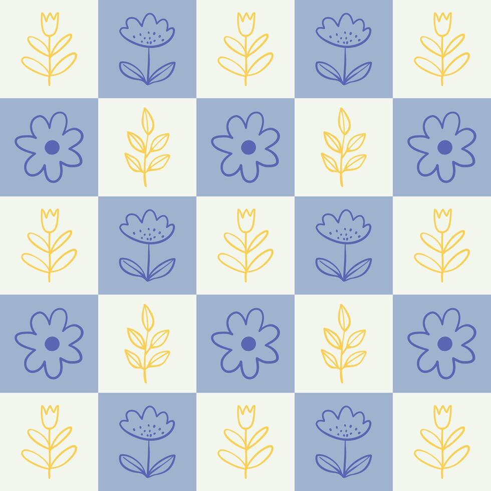 Seamless floral pattern with hand drawn doodle flowers and leaves in geometric checkered layout. Minimal flat style in pastel blue and yellow. Perfect for textiles, packaging, and stationery. vector