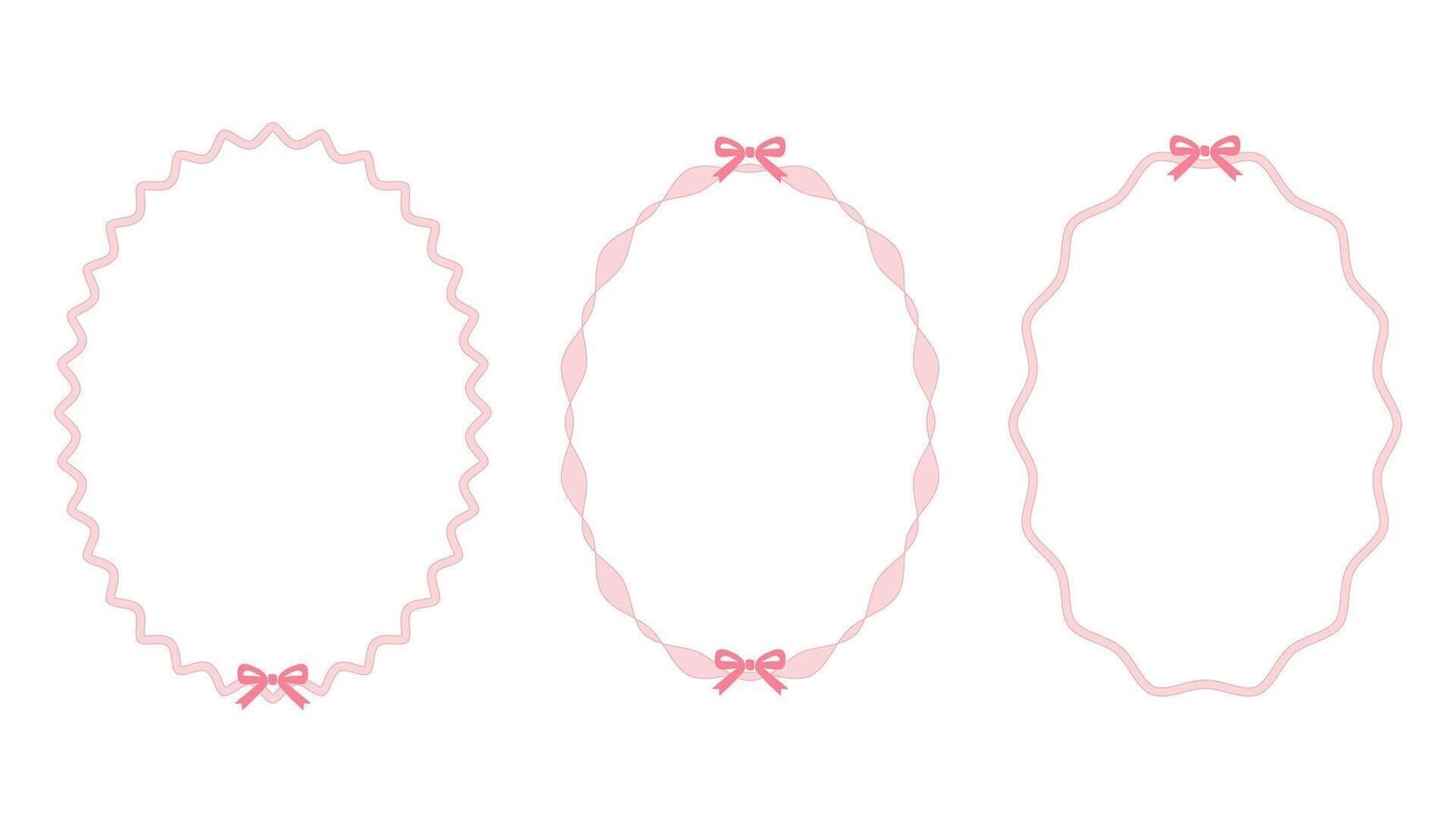 Set of three pink wavy oval frames with bows in romantic kawaii style. Cute decorative borders for invitation, sticker, packaging, or label design. Pastel minimal hand drawn look. vector