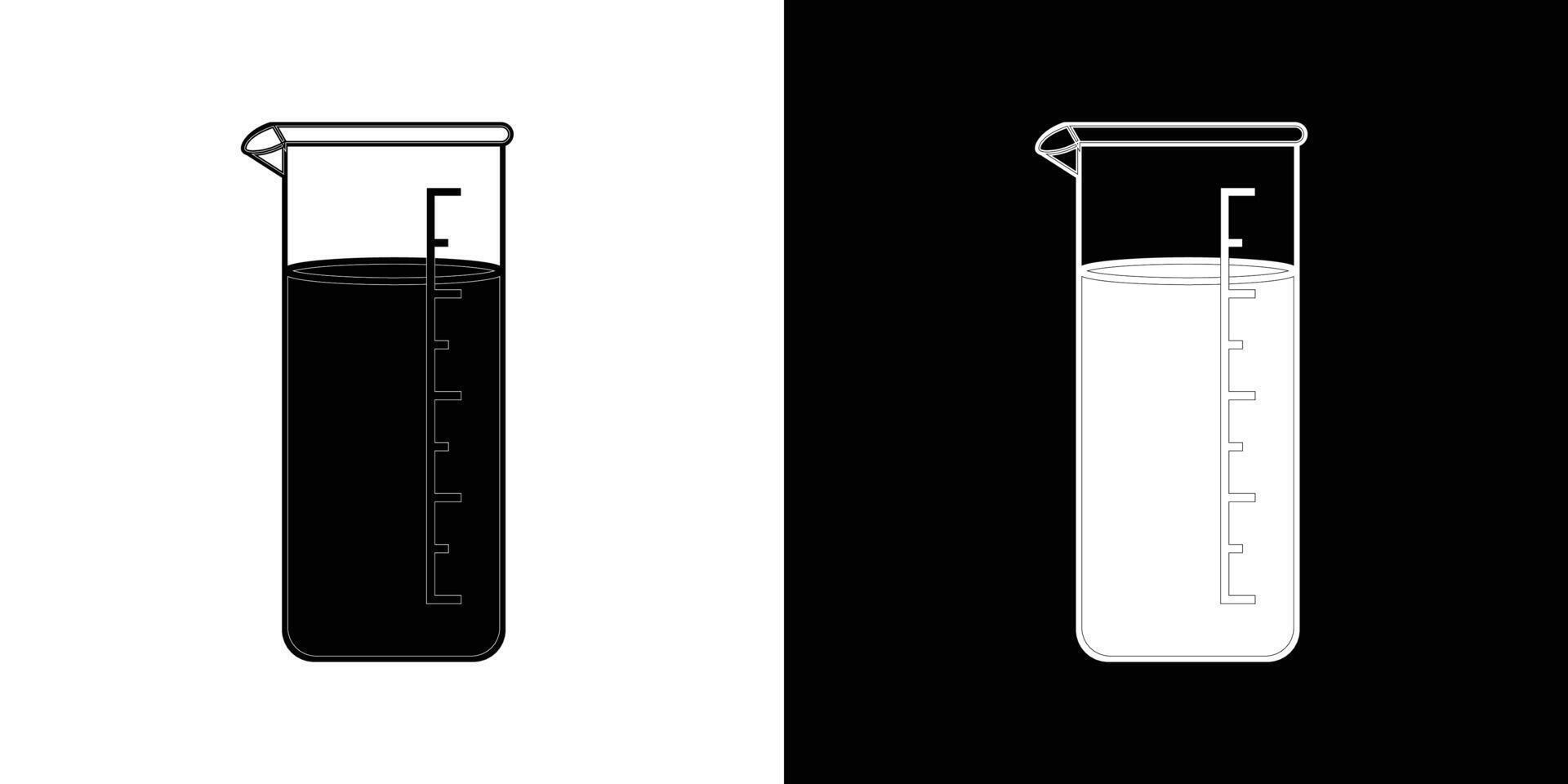 Illustration of a laboratory beaker filled with liquid, featuring a monochromatic design divided into black and white halves. vector