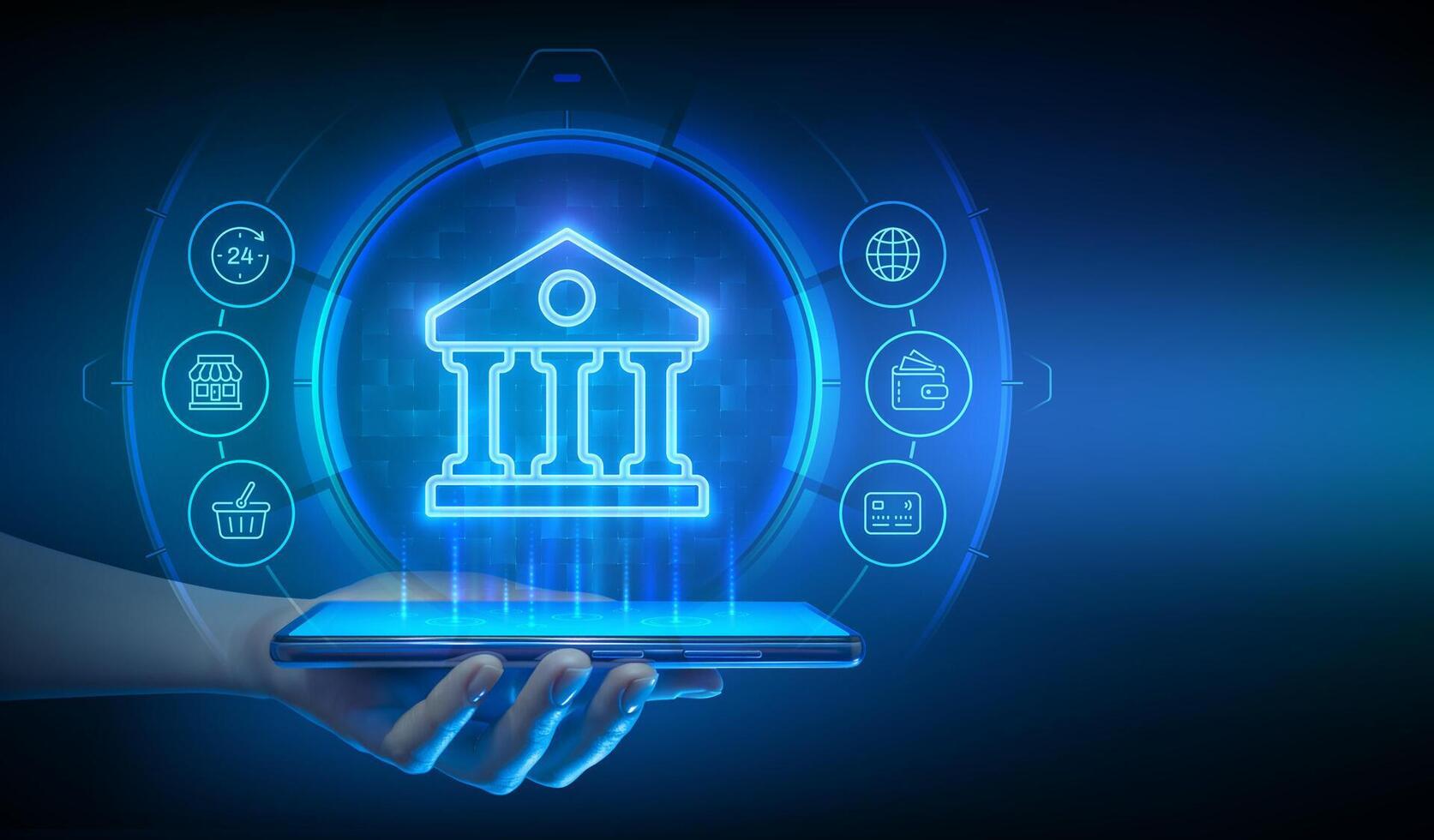 Banking service. Online banking app on a smartphone. Global internet connection for finance and banking. Financial transactions in online banking. Fintech API. Smartphone in hand. illustration vector