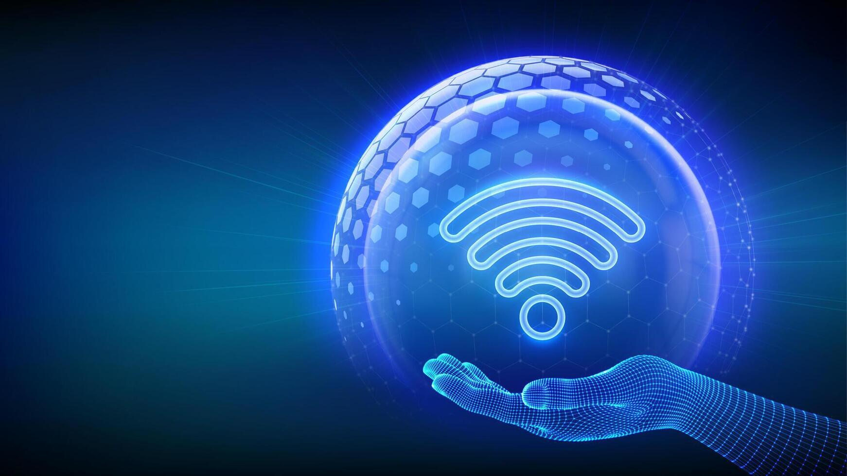 Wi-Fi network icon inside transparent protection sphere shield with hexagon pattern in wireframe hand. Secure Wi Fi wireless network connection. Cyber Security. Wifi Encryption. illustration. vector