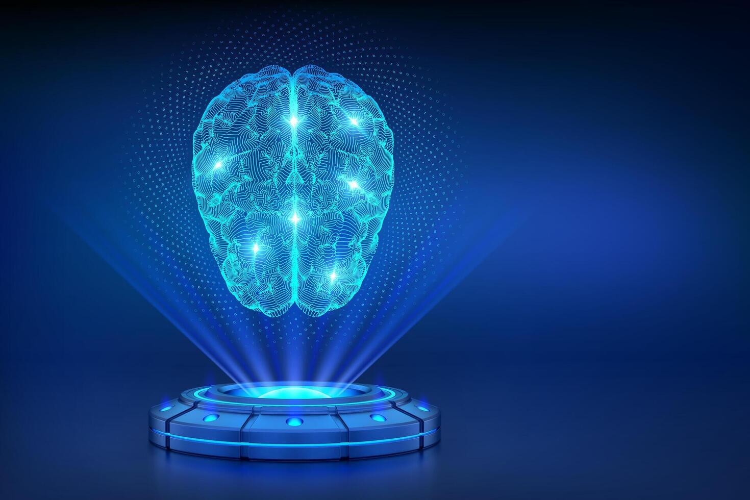 Digital brain. AI. Artificial intelligence technology concept. Holographic platform with glowing rays forming a projection of a digital brain. Neural network. Machine learning. illustration. vector