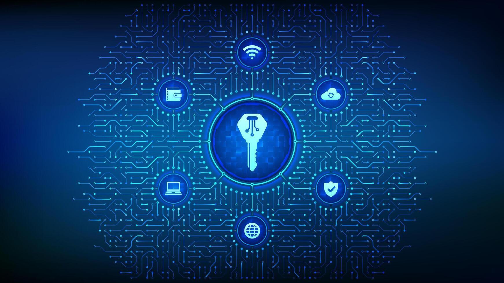 Digital key. Electronic key. Digital signature. Personal Data protection. Cyber security, password and access control. Background with circuit board connections and tech icons. Illustration. vector