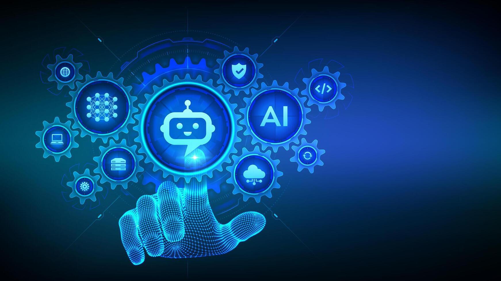 Chatbot. Chatbot assistant. Smart assistant. AI. Artificial intelligence technology concept. Neural network. Hand touching digital interface with connected gears cogs and icons. illustration. vector