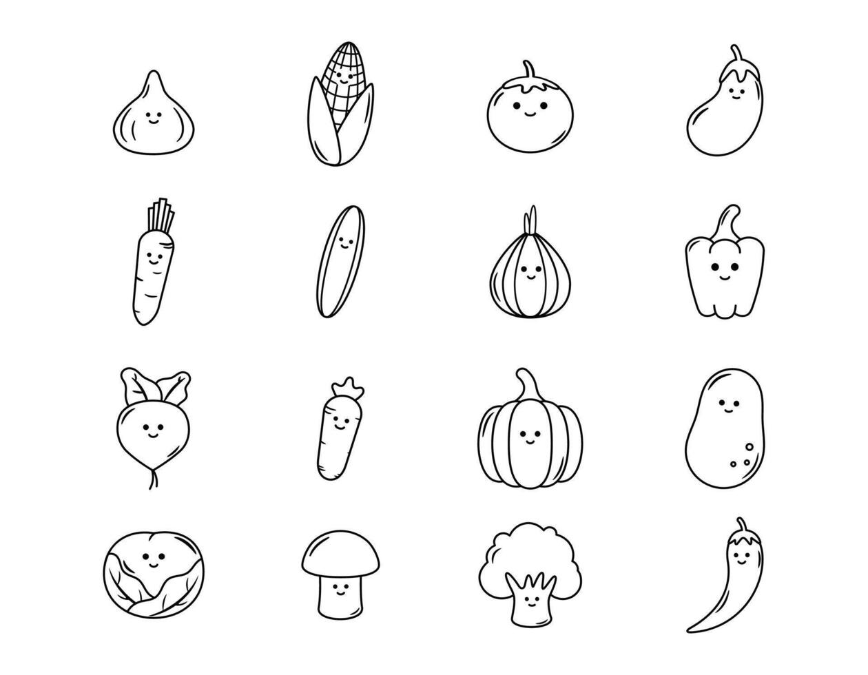Vegetable Character Icons Set with Doodle Style, Minimalist Cartoon Vegetable Icons Collection vector