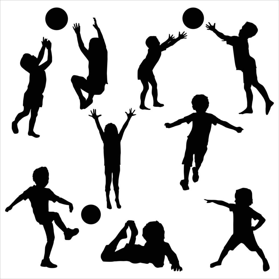 Children play ball, Boy jumping, read book,run silhouettes set on white background vector